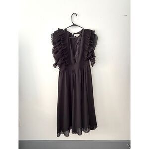 Boohoo Occasion Black Ruffle Sleeve Chiffon Dress Deep V Formal Party Dress US 8